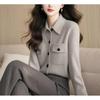 Double Pocket Lapel Grey Sweater Cardigan Women's Autumn and Winter Knitted Temperament Jacket Top