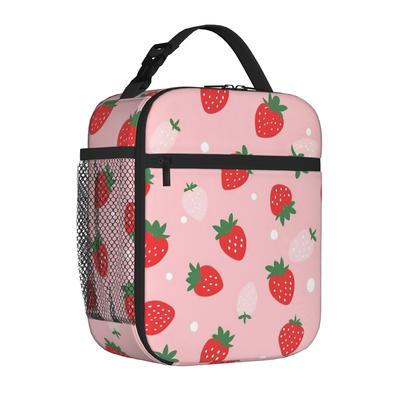Pink Strawberry Cute Floral Tote Insulated Lunch Bag Cartoon Carry Food Bags Reusable Thermal Cooler For Work Washable Bento Box