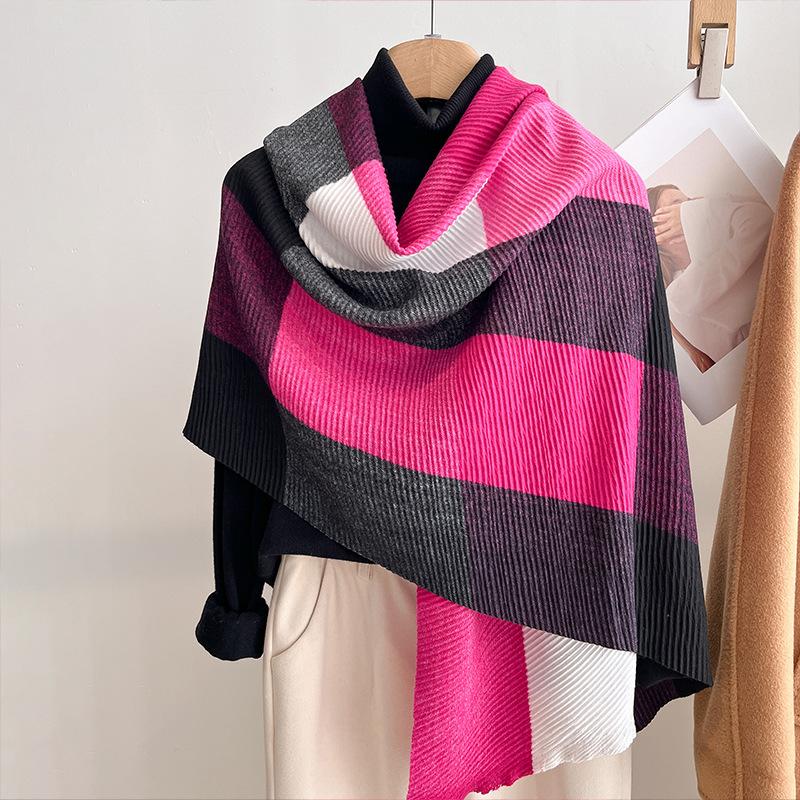 Pleated Spliced Rainbow Scarf For Women In Winter Warm Cashmere Korean Versatile Scarf Shawl Jacquard Scarves One Size