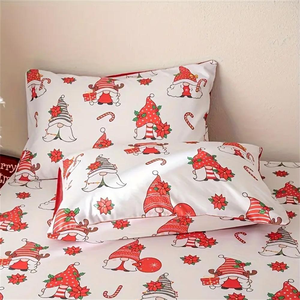 3 Pieces Festive Christmas Bed Sheet Set with White Background and Elderly Santa Hats - Includes Pillow Cases - Machine Washable