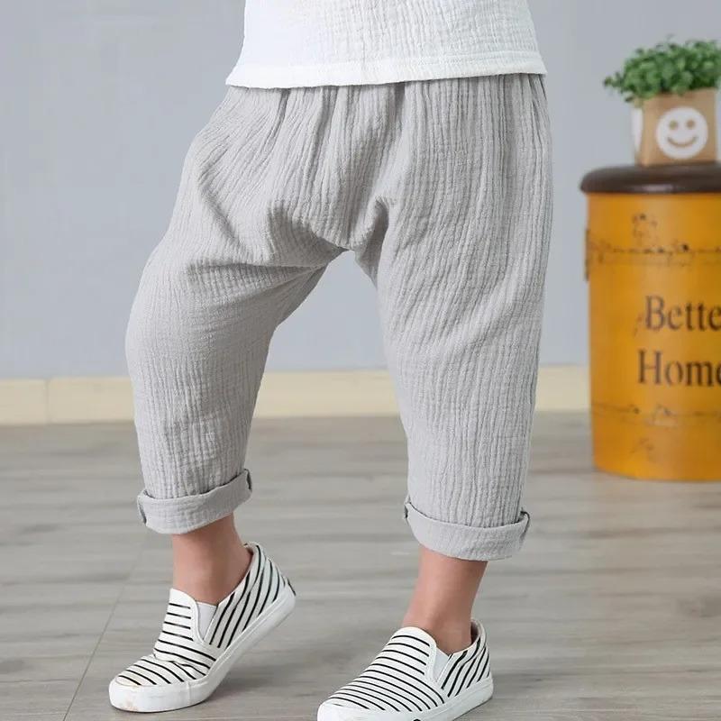 Summer Children Pants Casual Girls Boys Linen Solid Color Loose Pleated Pant Trousers Hight Waist Harem