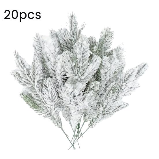 10/20/30Pcs Artificial Snowy Pine Branch 5 Fork Faux Greenery Stem Fake Plants Pick Xmas Holiday Wedding Party Home Decoration