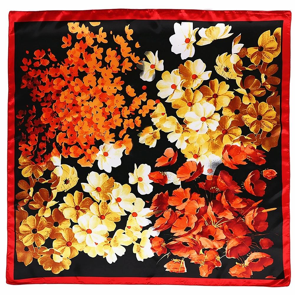 

90*90cm Spring Full Bloom Flower Printed Small Square Scarf Women Foulard Hijabs For Holiday 90x90cm