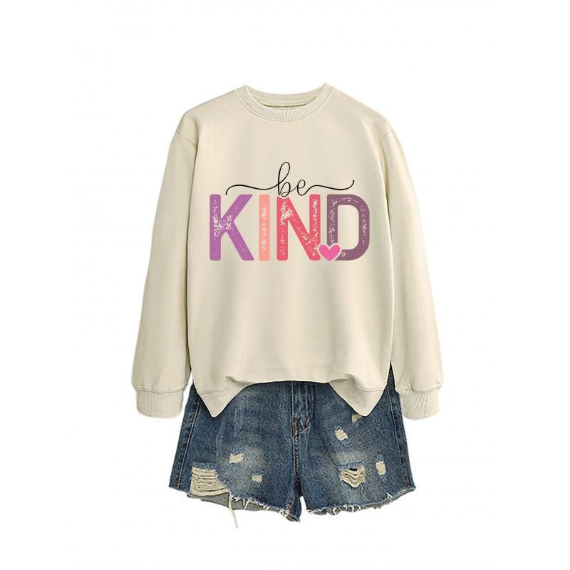 Womens Oversized Cotton Hoodie With Be Kind Cutout Letter Print Fall Winter Casual Sweatshirt
