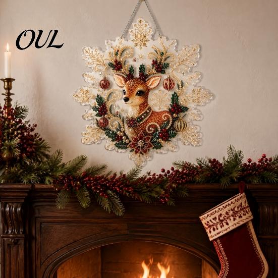 Festive Wall Hanging Ornament Christmas Faux Pearl Painting Suncatcher Kit, Acrylic Snowflake Shaped Board with Lace Adult Crafting Hobby Supplies
