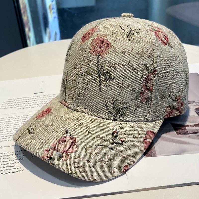 

Cotton Baseball Cap With Rose Flower Print For Outdoor Sun Protection And Cycling бежевий