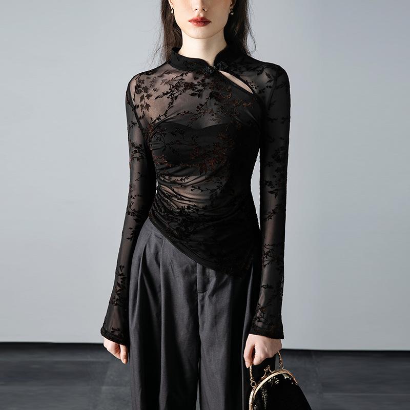 

Танцевальная футболка с сетчатой подкладкой и воротником-стойкой, женская футболка с длинным рукавом и нерегулярным принтом S