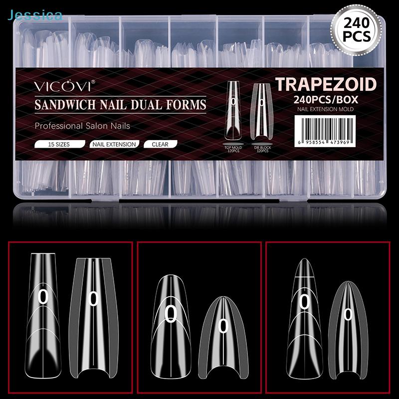 240Pcs Trapezoid Nail Dual Forms - Clear Acrylic Nail Extension Molds for Gel Nail Extension & Salon Use