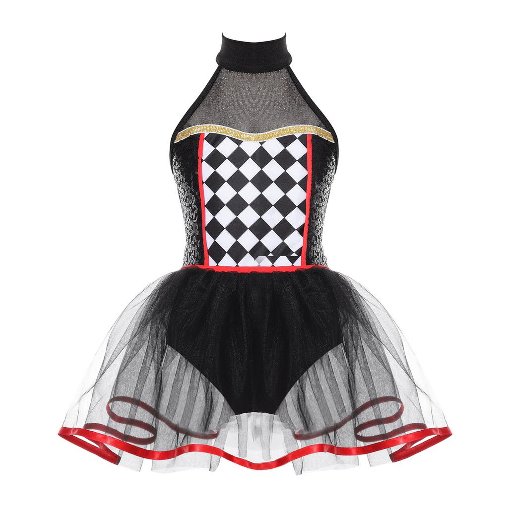 Girls Clown Tutu Dress Halter Neck Sequins Checkerboard Bodysuit Halloween Dancewear Costume