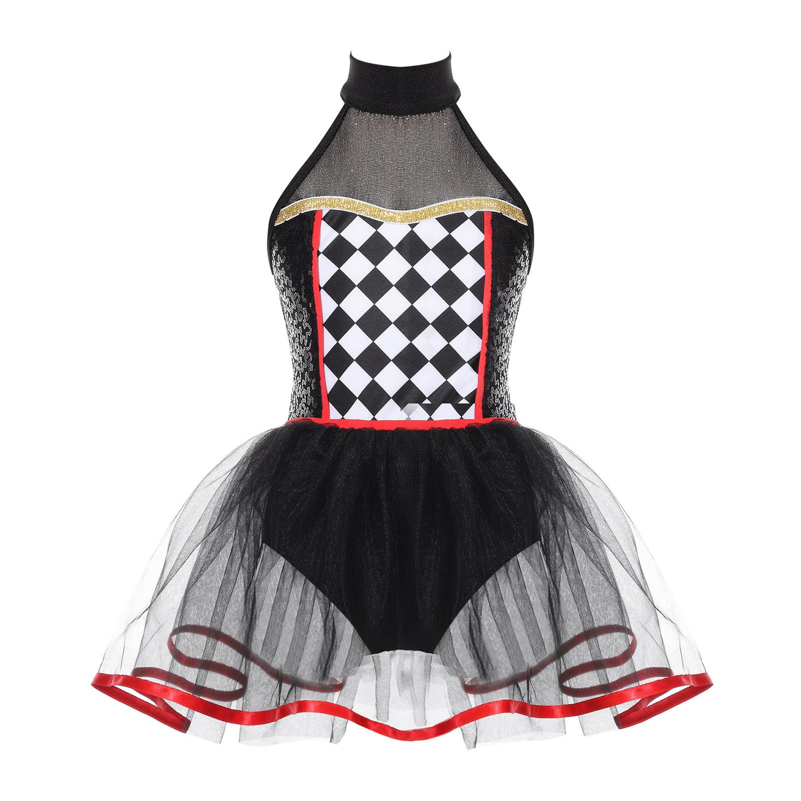 

Girls Clown Tutu Dress Halter Neck Sequins Checkerboard Bodysuit Halloween Dancewear Costume 5-6 Years чорний