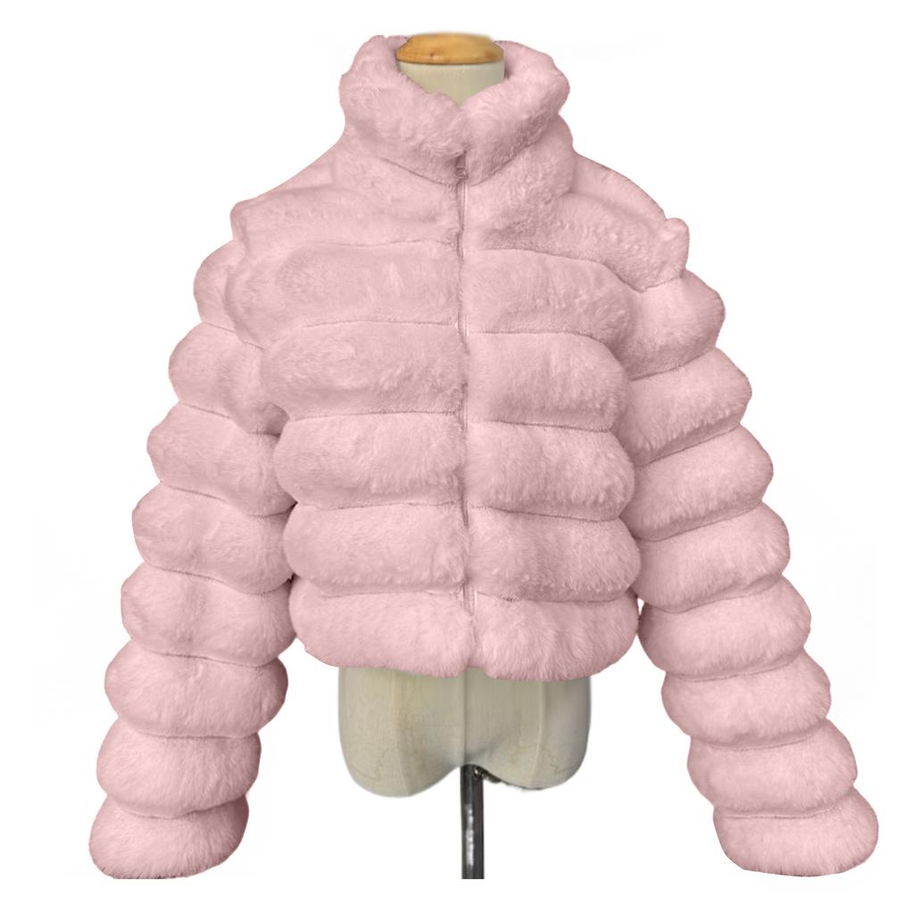 Damski Modny Ciepły Puszysty Płaszcz z Długim Rękawem w Jednolitym Kolorze