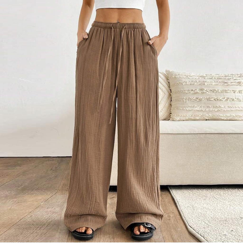 Cotton And Linen Wrinkled Fashionable Women's Clothing Versatile Loose Home Leisure Solid Color Wide Leg Women