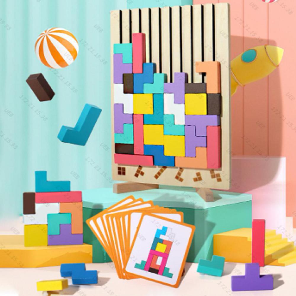1 Set Wooden Blocks Puzzle Brain Teasers Toy Tangram Jigsaw Intelligence Colorful 3D Russian Blocks Montessori Educational Toys