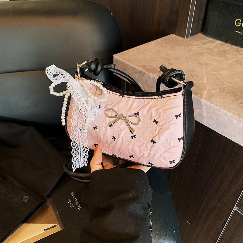 Premium Light Luxury Shoulder Bag Summer New Pink Cute Bow Small Square Bag Versatile Crescent Armpit Bag Women