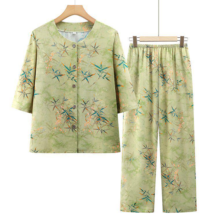 

Elderly Women s Summer Cotton Silk Set: Mid-Sleeve Shirt & Loose Cardigan Two-Piece 2XL, 100-115 lbs