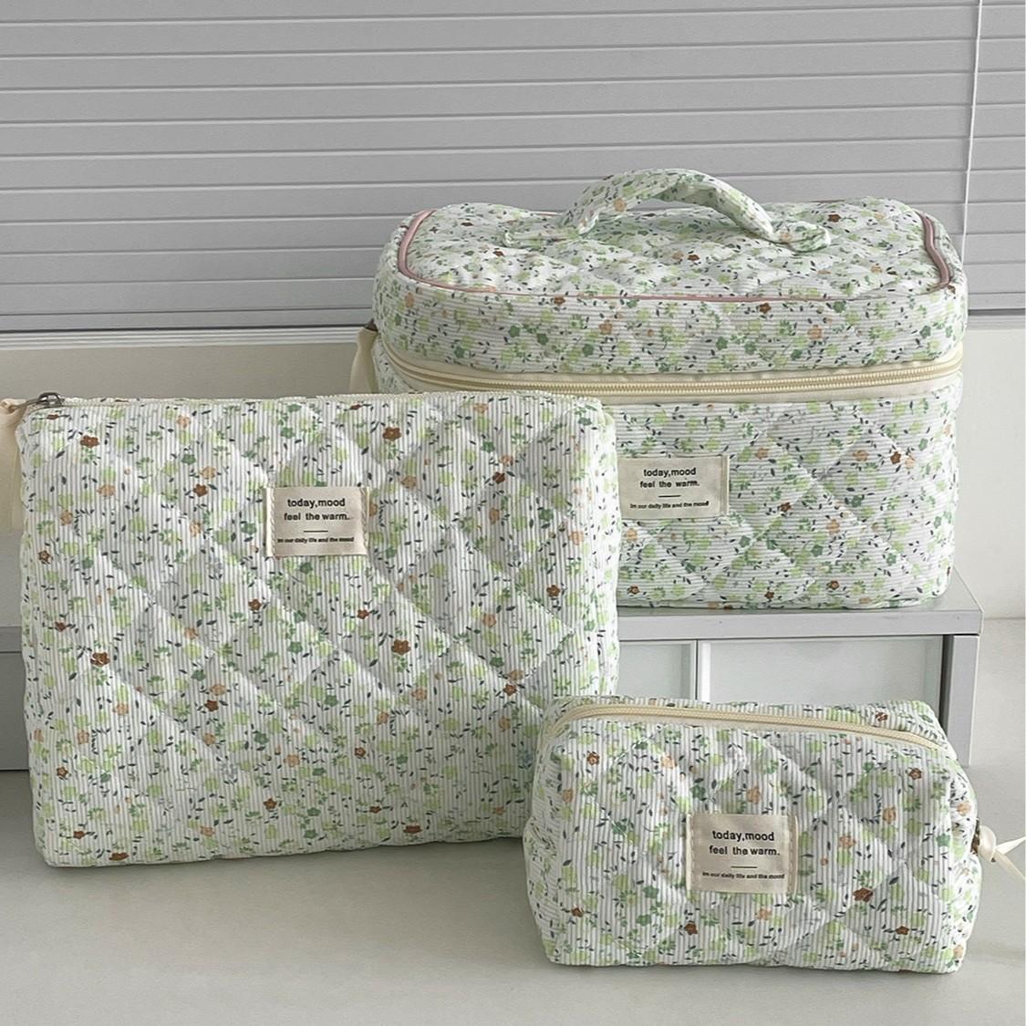

Vintage Women Floral Print Cosmetic Pouch Handbag Travel Orgainzer Make Up Storage Bag Large Capacity Quilted Bag зелений