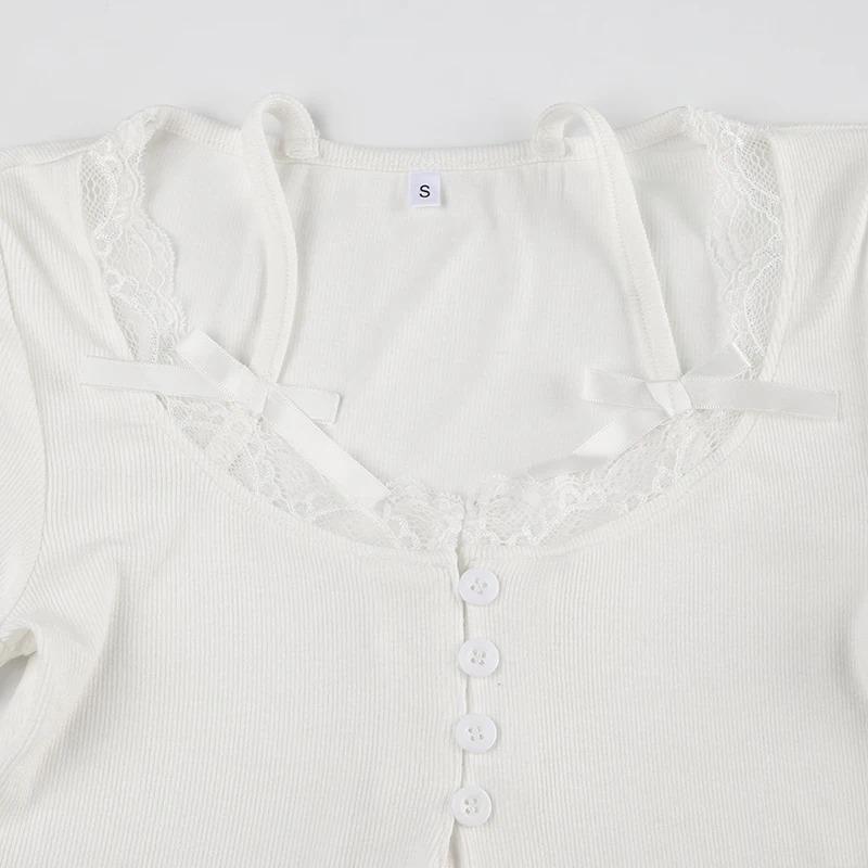 Decolteu cu dantelă, cu fundă, tricou drăguț Y2K, tricou pentru femei, subțire, cu mânecă scurtă, cu mânecă scurtă, îmbrăcăminte dulce pentru balet