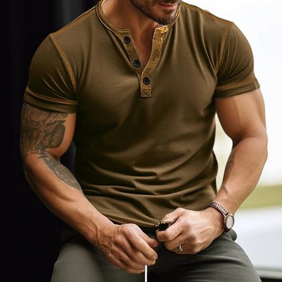 Men T-shirt Color Matching Slim Fit Button V Neck Elastic Soft Casual Pullover Short Sleeves