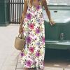 Damen Langarm Langes Unterkleid Atmungsaktiv Sommer Blumenprint Lässig Ärmellos Spaghettiträger Locker Schwingender Saum Knöchellang Strandkleid