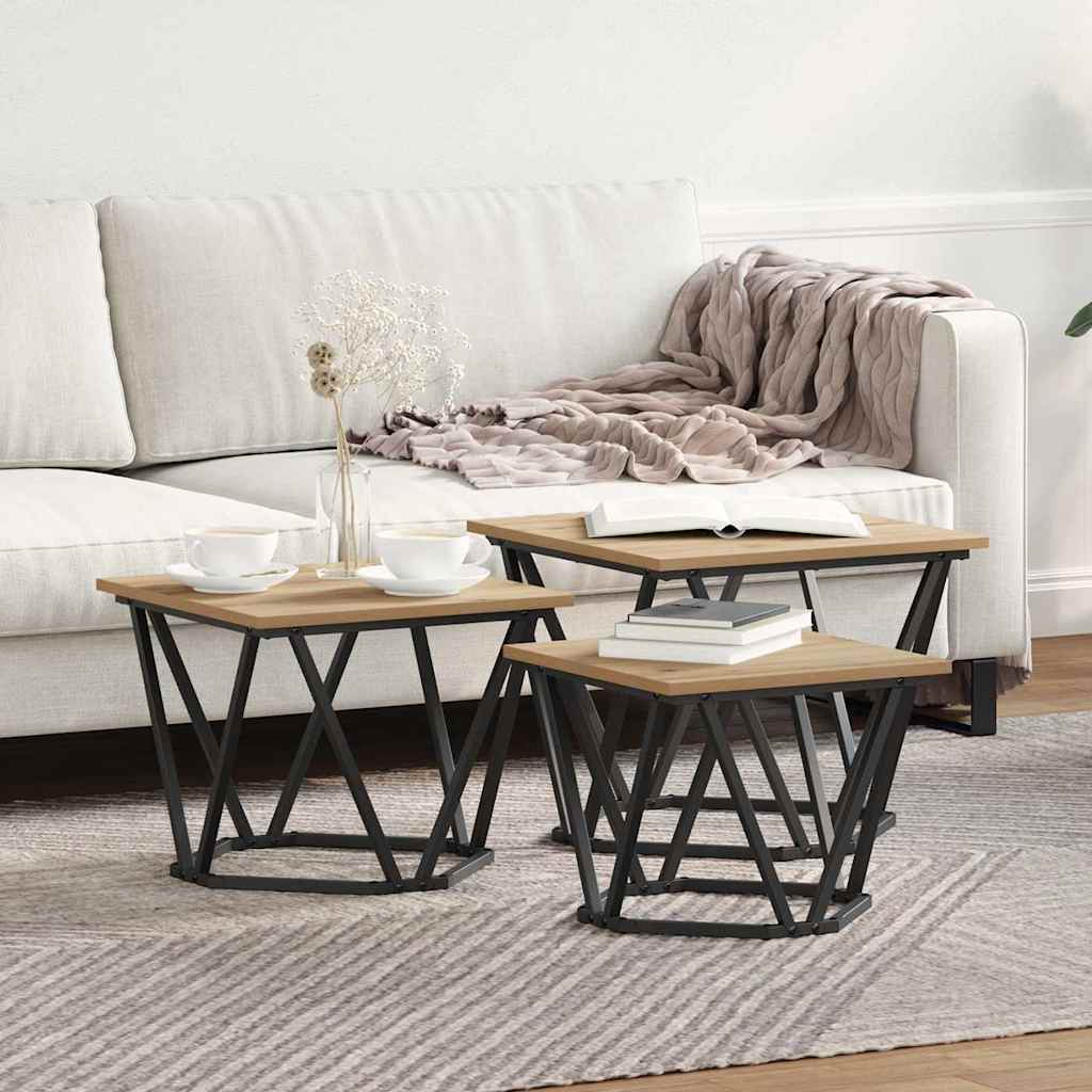 Coffee Table Set 3 Pcs Artisan Oak Engineered Wood and Steel