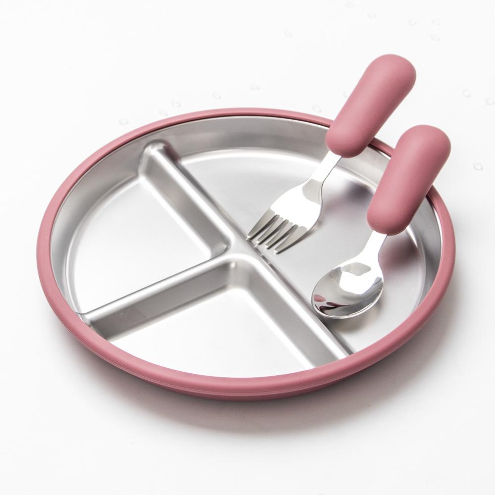 Edelstahl Kinder-Essgeschirr mit Anti-Rutsch-Silikon-Saugfuß & Besteck
