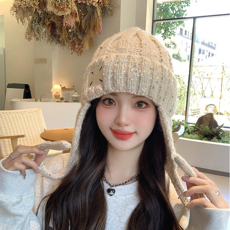 Cloth label wool hat women's winter thickened warm ear protection fashionable versatile cold-proof face small knitted hat