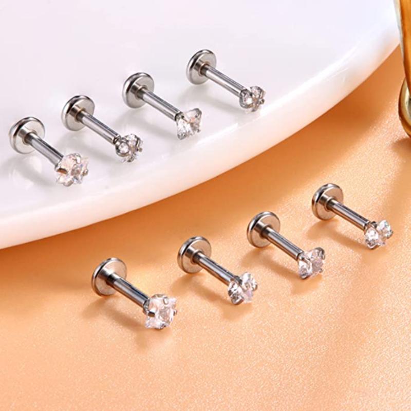 4PCS Heart Crystal Tragus Piercing Earring Set Flat Labret Piercing Set Lip Ring Lot Conch Cartilage Stud Helix Lobe Earring Set