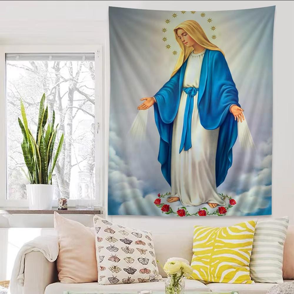 VIKAMA Scandinavian Icon Tapestry Virgin Mary Hand Painted Halo Clouds Starburst Church Meditation Room Bedroom Religious Art