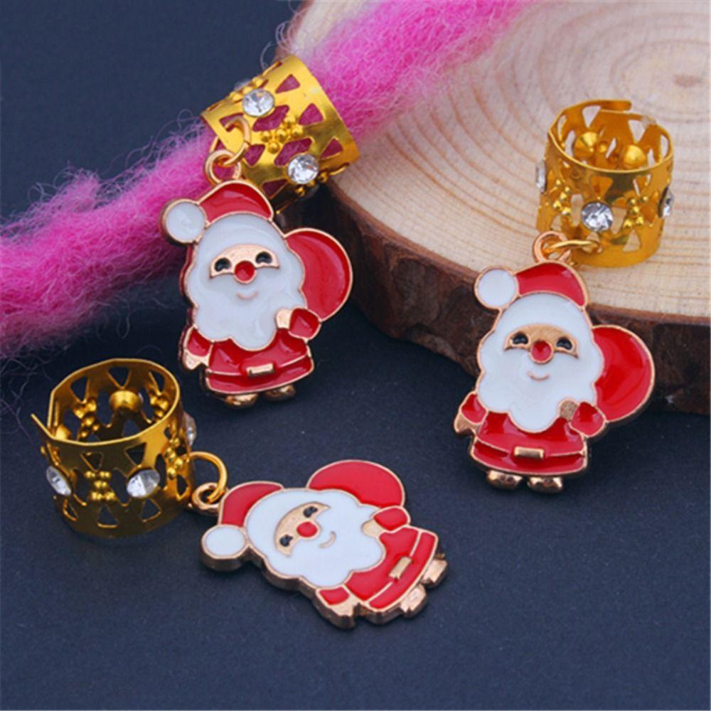 3 Pcs Sweet Gold Color Christmas Hair Ring Santa Claus Charm Dreadlocks Bead Hair Braid DIY Hair Braid Tubes Gift