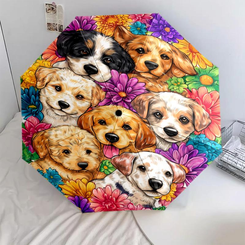 0106 Dog In Flower Bush  Pattern, Automatic Folding Umbrella, Portable and Foldable Design, 8 Ribs, a Christmas or Birthday Gift.