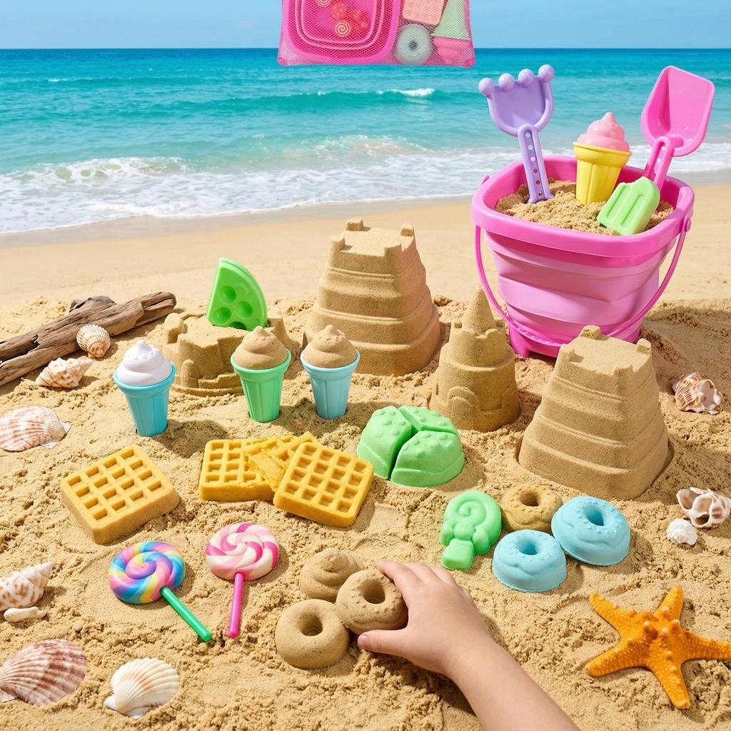 Foldable Beach Toy Set, Including Foldable Sand Bucket, Shovel, Net Bag And Sand Mold, Ice Cream-shaped Travel Beach Toy.16pcs