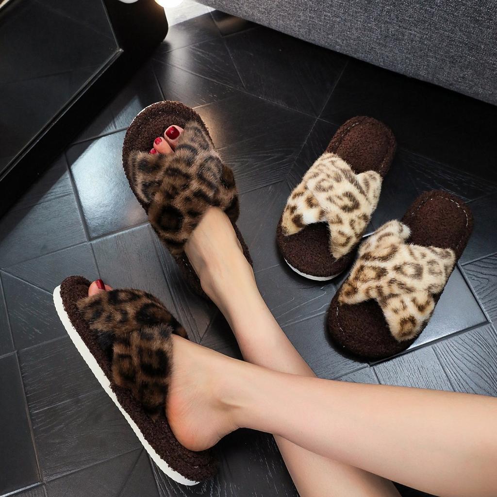 Leopard Print Plush Slippers Winter Fashion Home Slippers