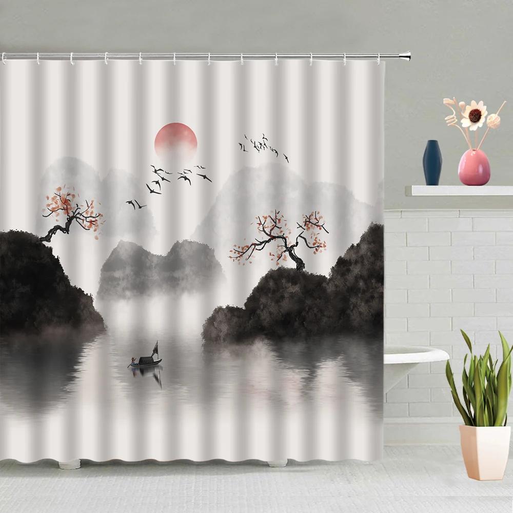 Chinese Style Ink Painting Shower Curtain Landscape Flower Tree Plant Boat Plum Living Room Background Wall Bathroom Screen Hook