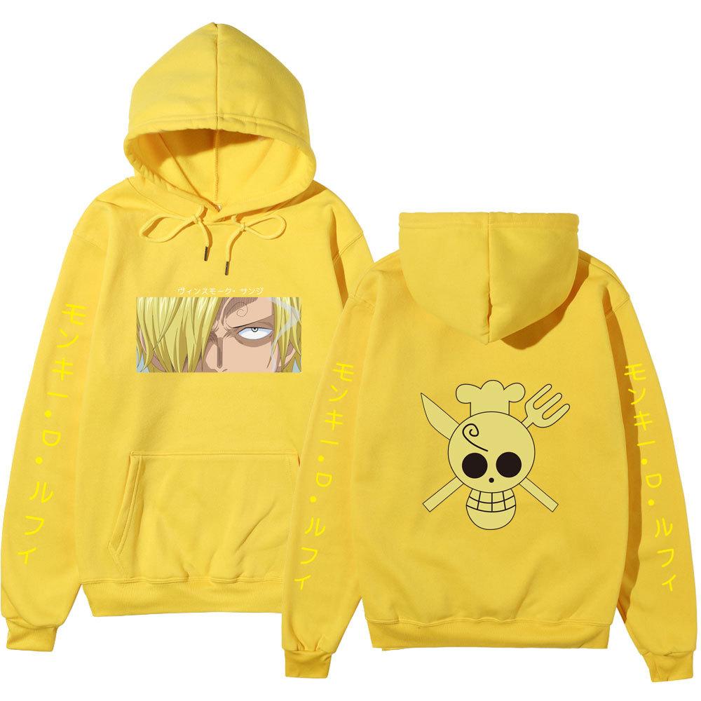 One Piece Sanji Hoodie, Chef Pirate Skull Logo Japanese Letter Sleeve Print Pullover Sweatshirt Unisex Streetwear