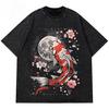 Heißes Retro-Wasch-T-Shirt Japanischer Koi-Fisch Mond Sakura Grafik Unisex Harajuku Streetwear Herren Lässig Baumwolle Kurzarm-T-Shirt Top