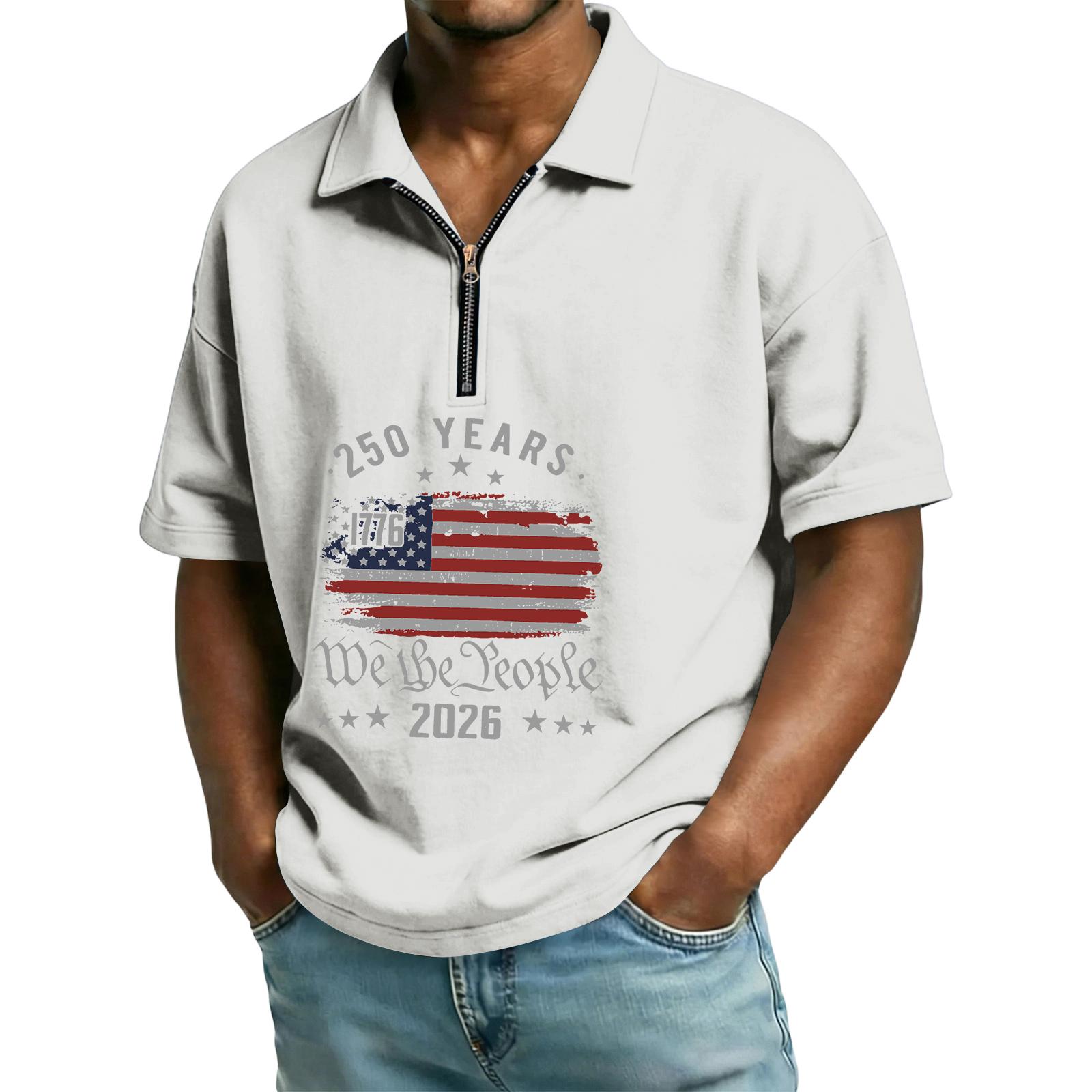 

Men s Casual Loose American Independence Day Printed T-shirt Lapel Short Sleeve Daily Tops XL белый