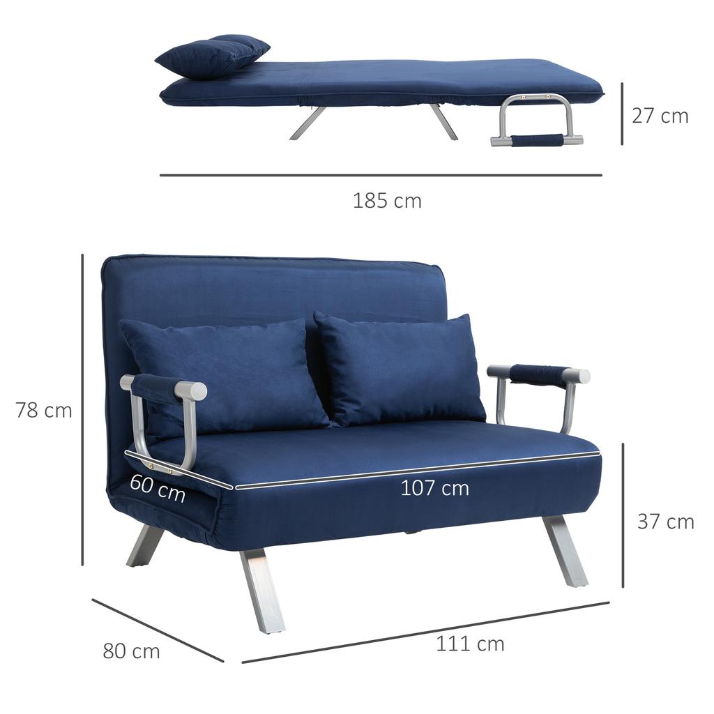Sofa Bed, 5-Way Adjustable, Faux Suede, Metal Frame, Incl. Pillows, Navy Blue