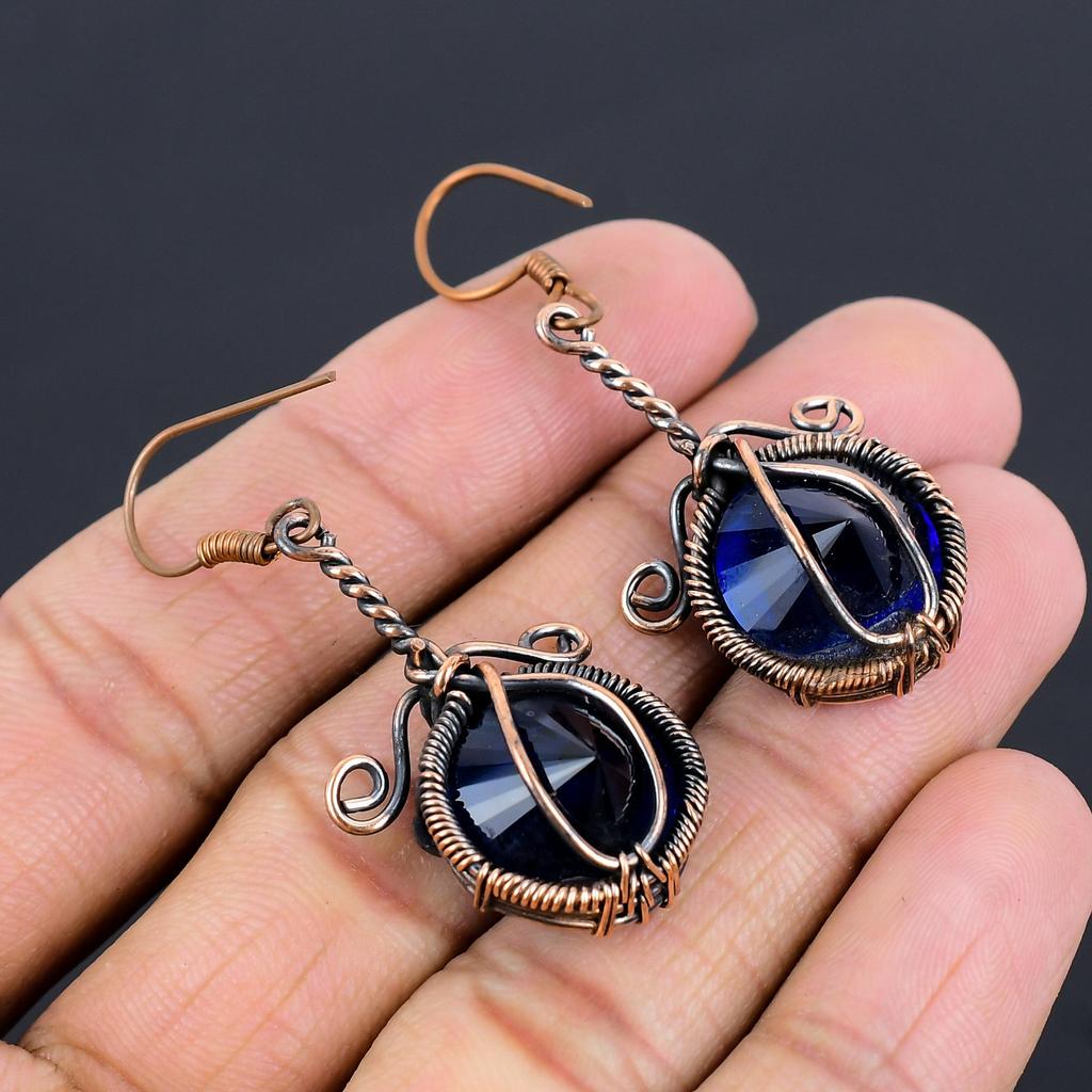 Blue Sapphire Earrings, Handmade Gemstone Earrings, 999 Copper Wire Wrapped Earrings Antique Jewelry, For Engagement Gift