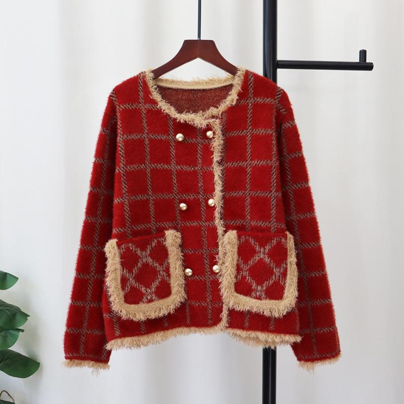 

Новый красный кардиган из вязаного трикотажа из искусственного норкового бархата для женщин, новый осенне-зимний, свободный, мягкий, восковой свитер-куртка one size fits all красный