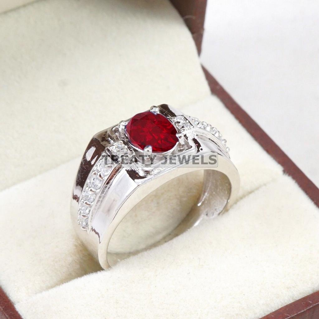 Ruby Oval Cut Gemstone With 925 Sterling Silver Ring For Men's #B543 JL375686402645