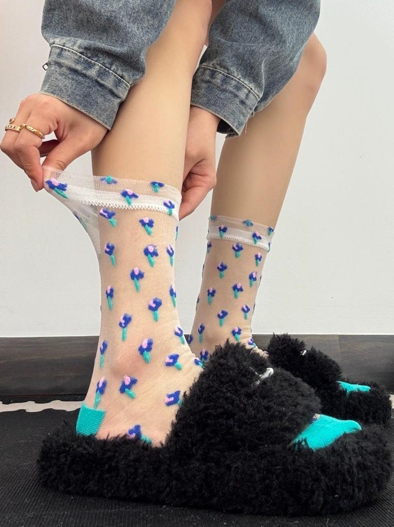 Summer Women Socks Ultra-thin Transparent Crystal Silk Socks Women Cartoon Print Japanese Kawaii Cute Funny Elastic Long Socks