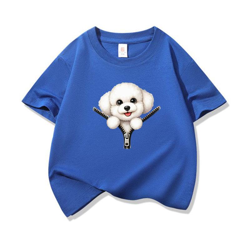 Kids Cotton T Shirt Cute Bichon Frise Puppy Dog Zipper Print Crew Neck Short Sleeve Tee Casual Boys Girls Summer Tops