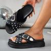 Fashion 2025 New Fashion Rivets Platform Sandals Women Blue Cross Strap Thick Sole Slippers Woman Plus Size Metal Buckle Summer Slides