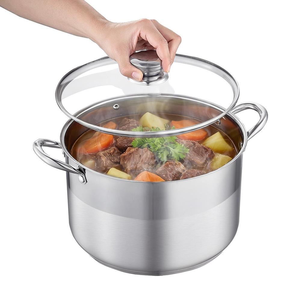 Stainless Steel Stock Pot, 11.4 L Stainless Steel Stockpot with Glass Lid, PFOA-Free, PFAS-Free, Compatible with Gas Stoves, Induction Cooktops,