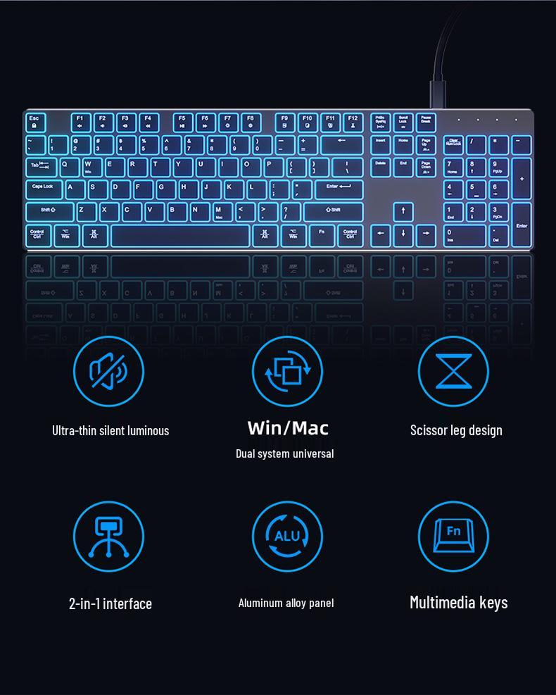 K3 Ultra-Thin Aluminum USB-C Wired Keyboard for Laptop, Desktop, Gaming, and Office