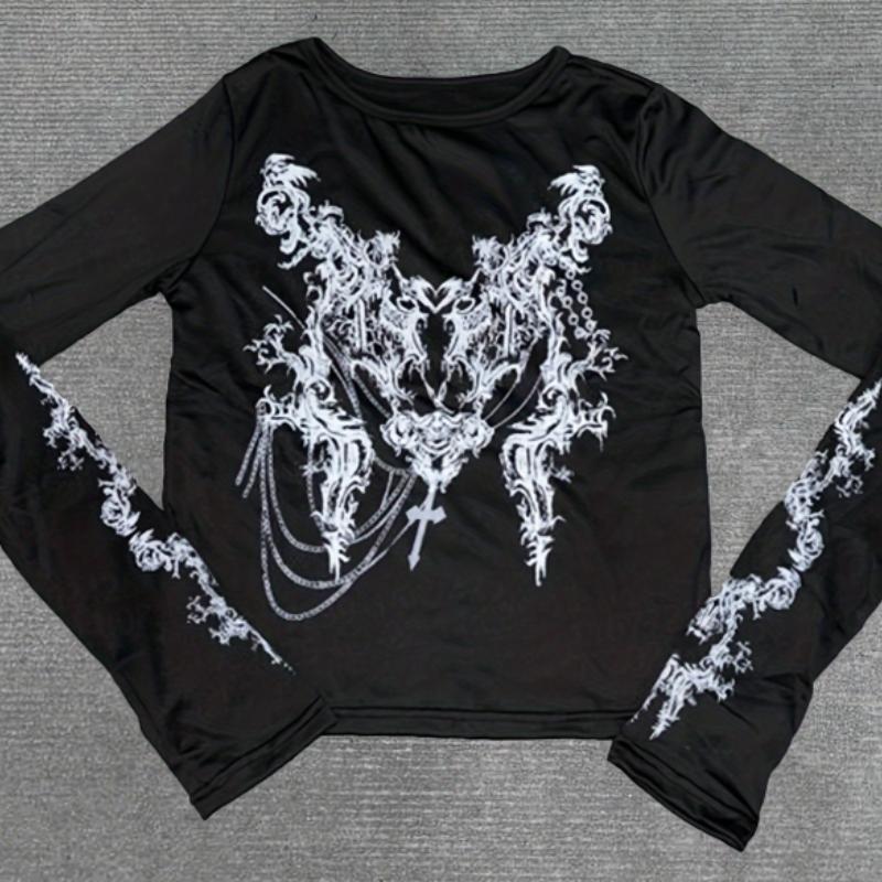 European and American Women's Abstract Printed Slim Fitting Long Sleeved Top T-shirt