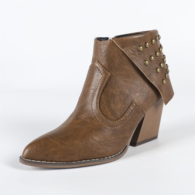 

2025 Осень Зима Женские ботильоны с заклепками Винтажные на толстом высоком каблуке Челси на молнии Вестерн Ковбойские Панк Короткие ботинки Обувь 43 коричневый
