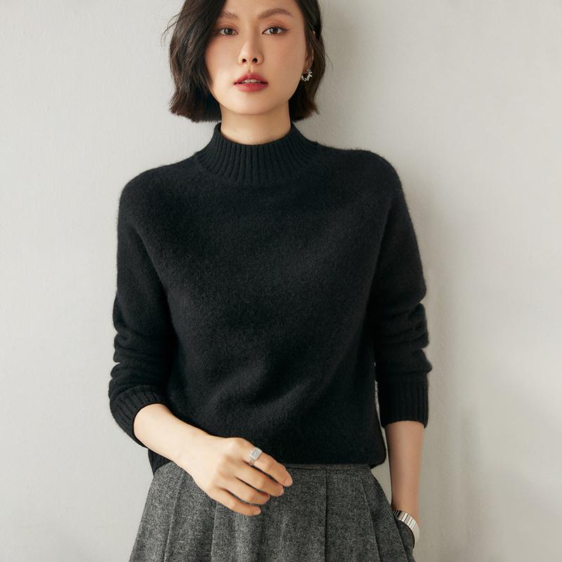 

2024 Осень/Зима Кашемировый свитер облегающего кроя: Полувысокая горловина, рукав реглан, плотный и теплый XL