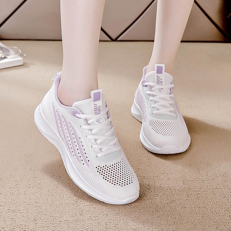 2026 summer new breathable fly-woven sports shoes women's versatile fly-woven mesh flat bottom lightweight hollow running shoes women