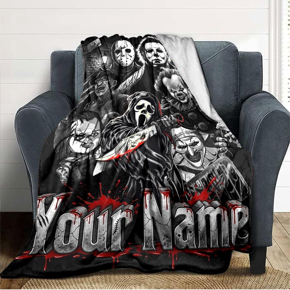 Name Custom Horror Themed Print Flannel Blanket High Quality Warm Comfortable Cover for All Seasons Perfect for Gifts Home Decor